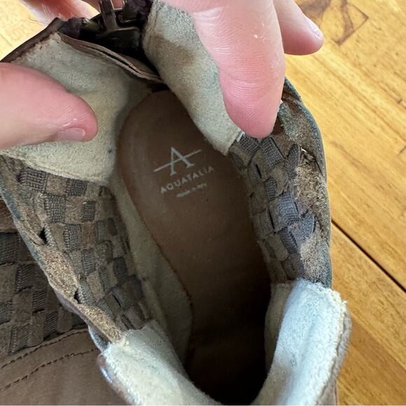 Aquatalia Frankie Basket Weave Taupe Brown Leather Heleed Ankle Boots Size 7 - Picture 3 of 7